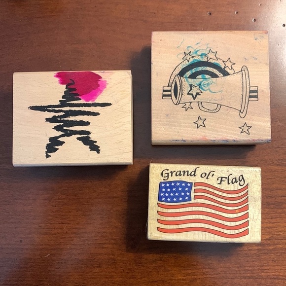 Red White and Blue Patriotic Wooden Block Rubber Stamp Collection - Picture 1 of 8